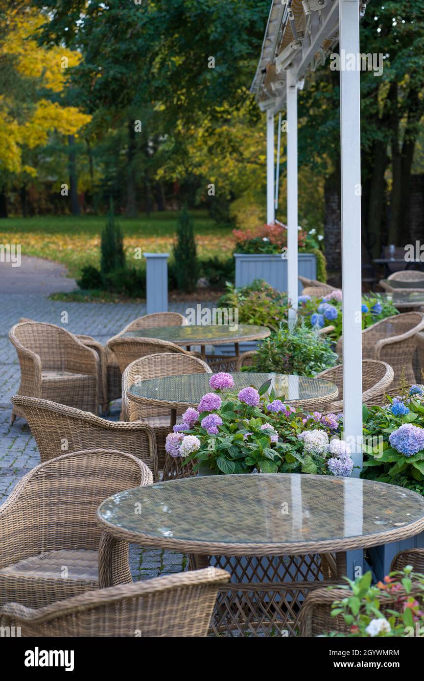 Gemütliche Café-Terrasse im Herbstpark: Komfortable Korbmöbel auf der Terrasse. Gartenrestaurant in der Natur Stockfoto