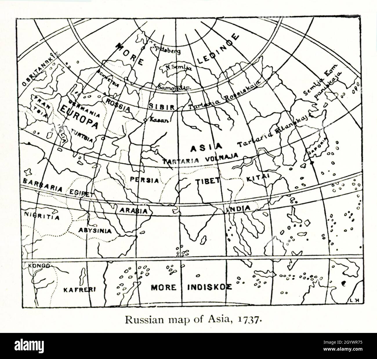 Diese russische Karte zeigt, wie sie Asien im Jahr 1737 abgebildet haben. Stockfoto