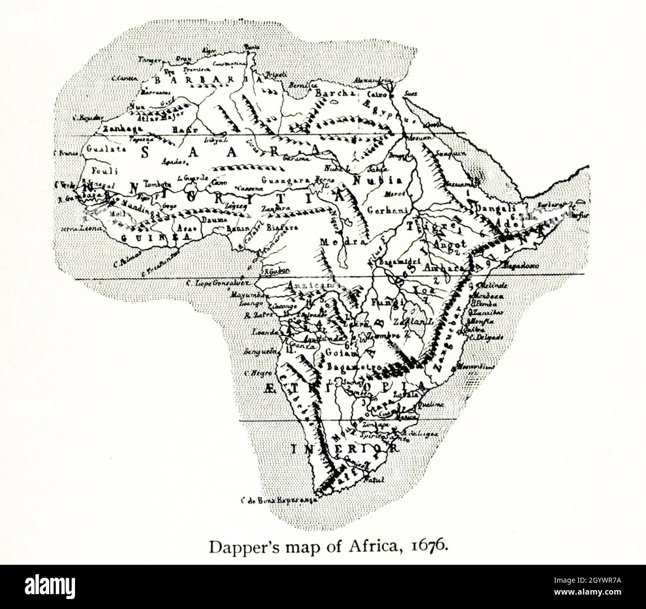 Diese Karte von Dapper zeigt Afrika im Jahr 1686. Olfert Dapper (1636 –1689) war ein niederländischer Arzt und Schriftsteller. Er schrieb Bücher über Weltgeschichte und Geographie, obwohl er nie außerhalb der Niederlande reiste. Seine „Beschreibung Afrikas“, veröffentlicht 1668), ist ein Schlüsseltext für Afrikanstudien – und diese Karte begleitet den Text. Stockfoto