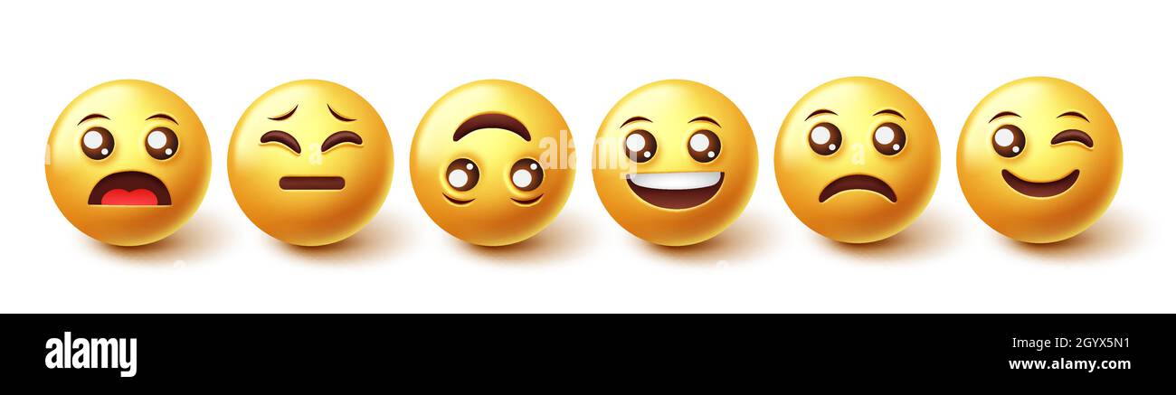 Emoticons Emoji-Zeichenvektorsatz. Emojis Emoticon-Charaktere in Gesichtsreaktionen Emotion isoliert auf weißem Hintergrund für 3d Expressions Design. Stock Vektor