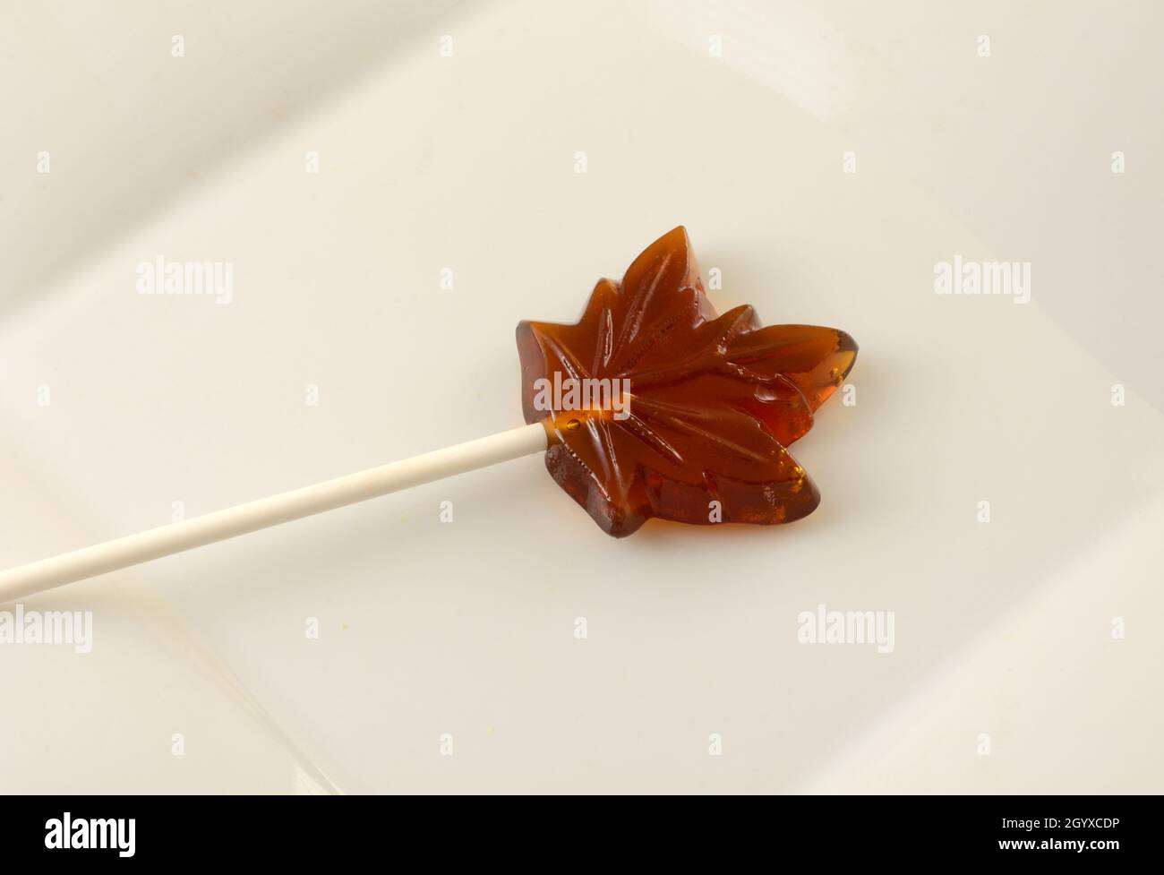 Nahaufnahme von Ahornblatt Ahornsirup Lollipop auf weißem Dessertteller Stockfoto