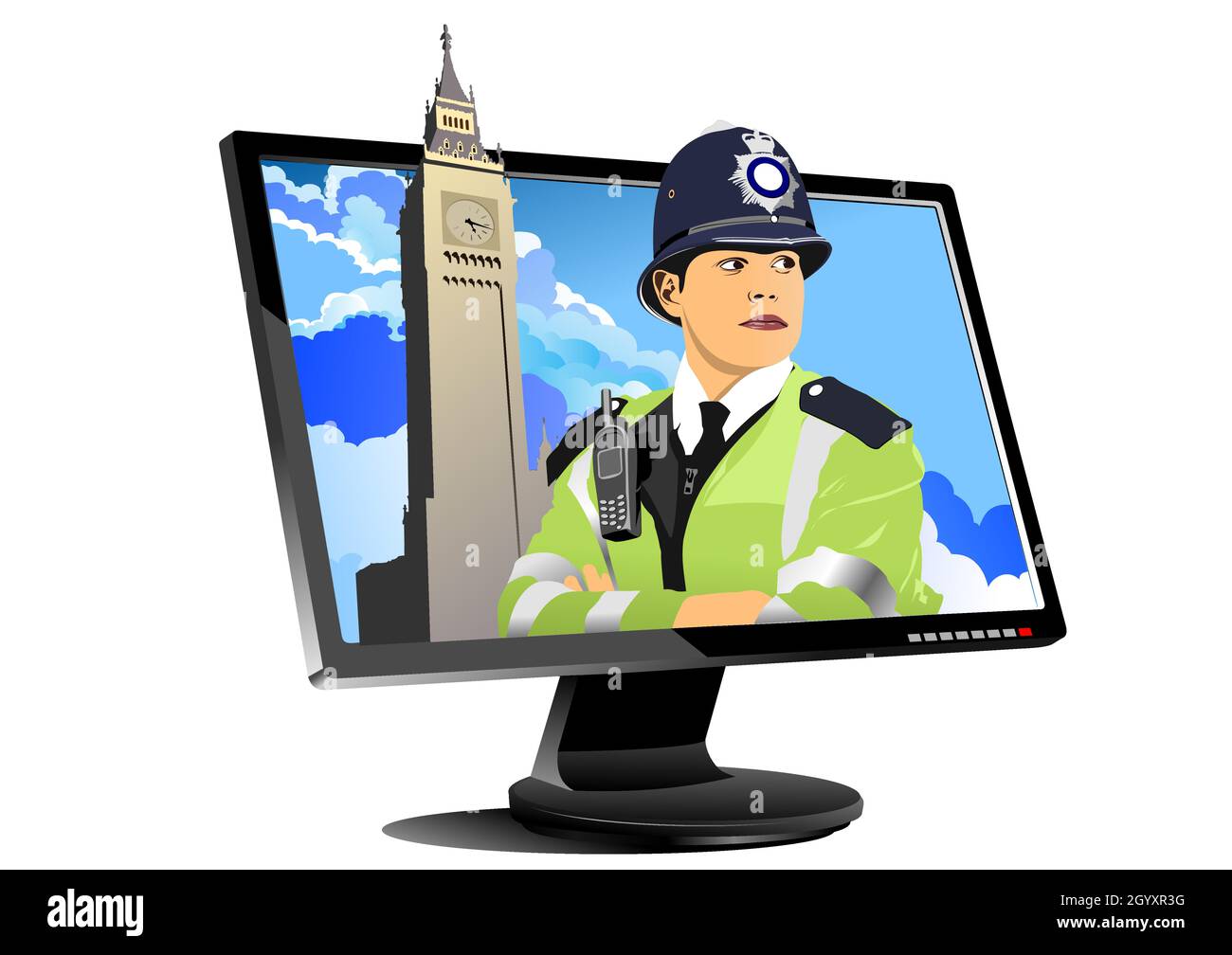 Abstrakte Londoner Polizistin mit Walkie-Talkie-Radio in Computerdisplay. Vektor-3d-Illustration Stock Vektor