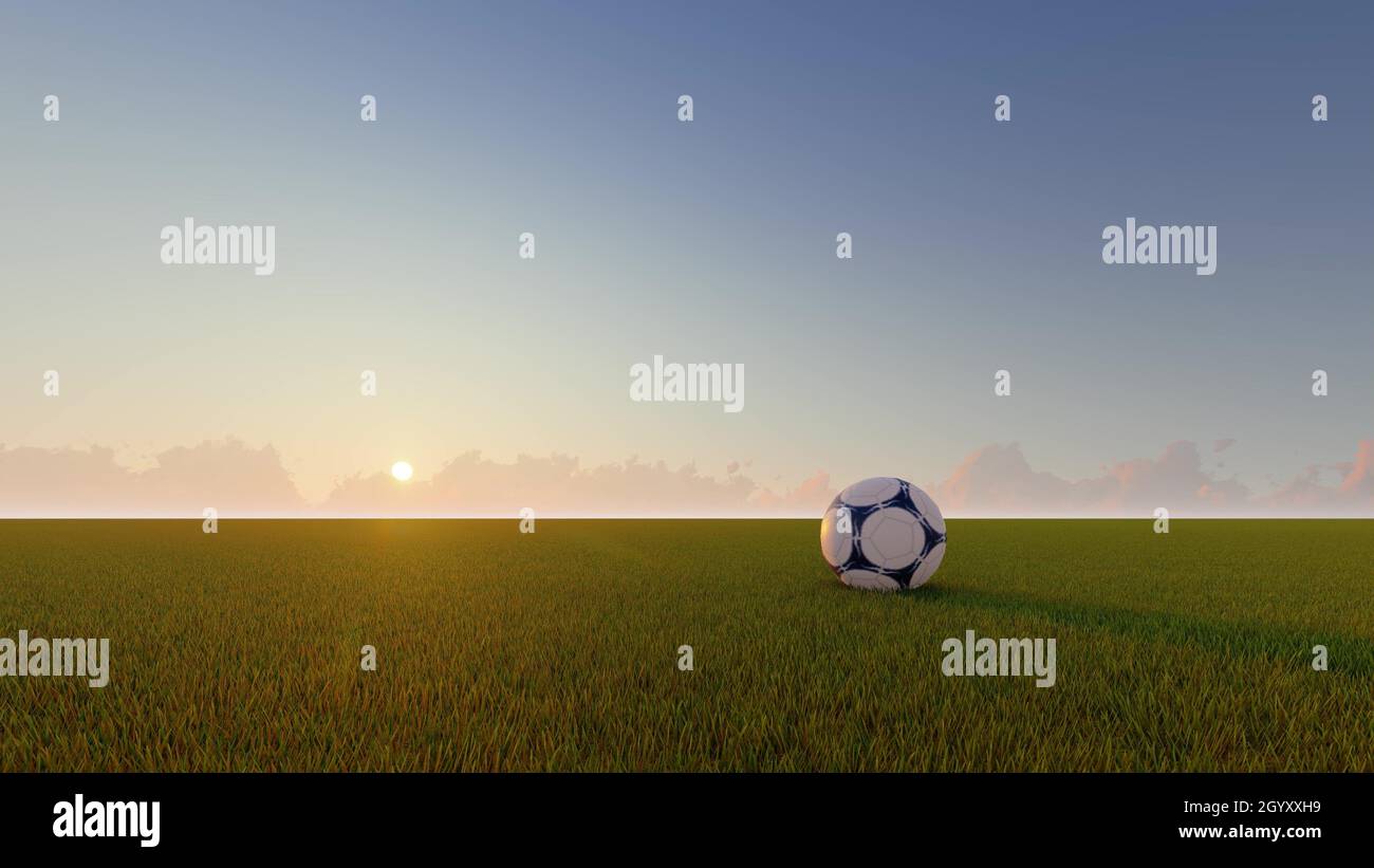 Fußballball Sonnenuntergang Sonnenaufgang Sportkonzept. 3d-Rendering Stockfoto