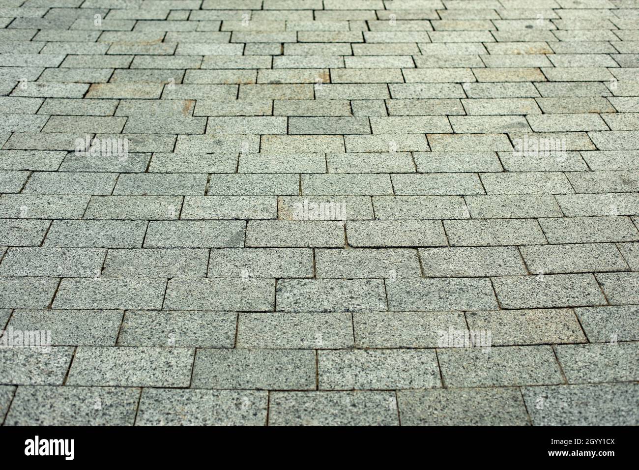 Die sich wiederholende Textur des Steins in der Fußgängerzone. Steinblöcke werden in einer Reihe gelegt. Stockfoto