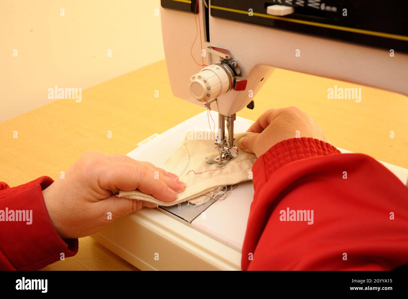 Die Hände der Näherin nähen an einer Nähmaschine. Teile der Nähmaschine  Nadelstange, Pressfuß, Nadel Platte, Futtermittel Hund, Nadel mit einem  Gewinde Stockfotografie - Alamy