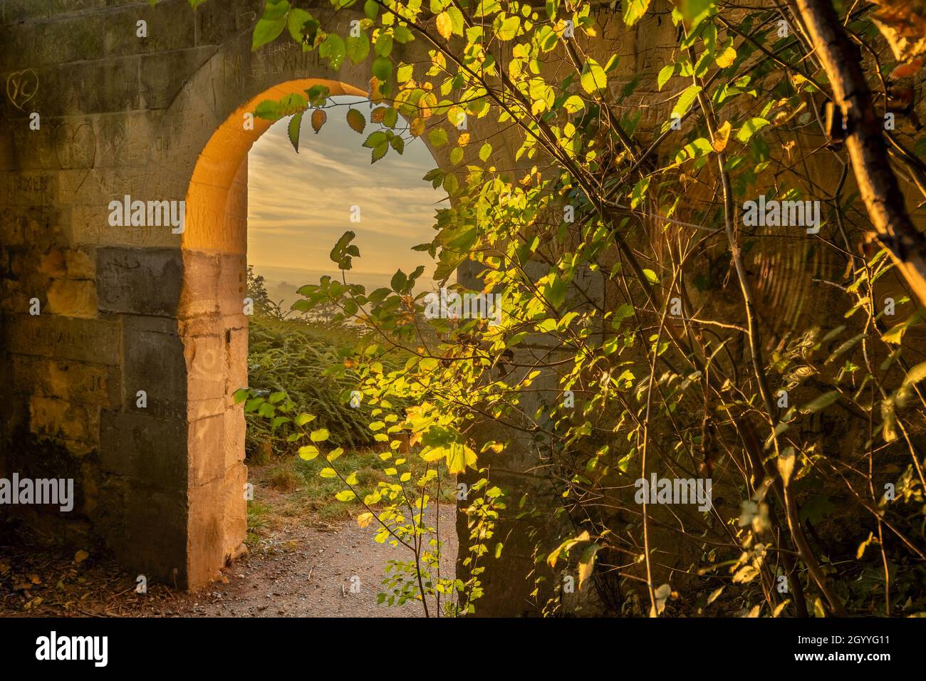 Schauen Sie durch ein Murmelentor mit Blick auf den Weinberg und den goldfarbenen Sonnenaufgang an einem nebligen Morgen im Oktober auf dem Hügel vor den Toren von Maastricht Stockfoto