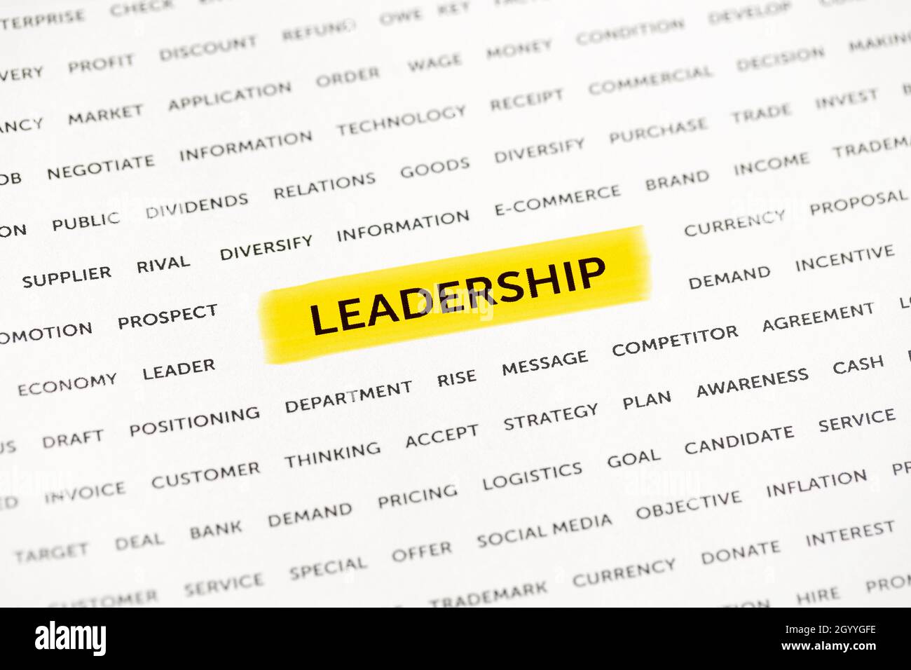 Das Wort „Führung“ wird mit einer Markierung auf dem Papier hervorgehoben. Geschäftskonzept, Strategie, Planung, Erfolg Stockfoto