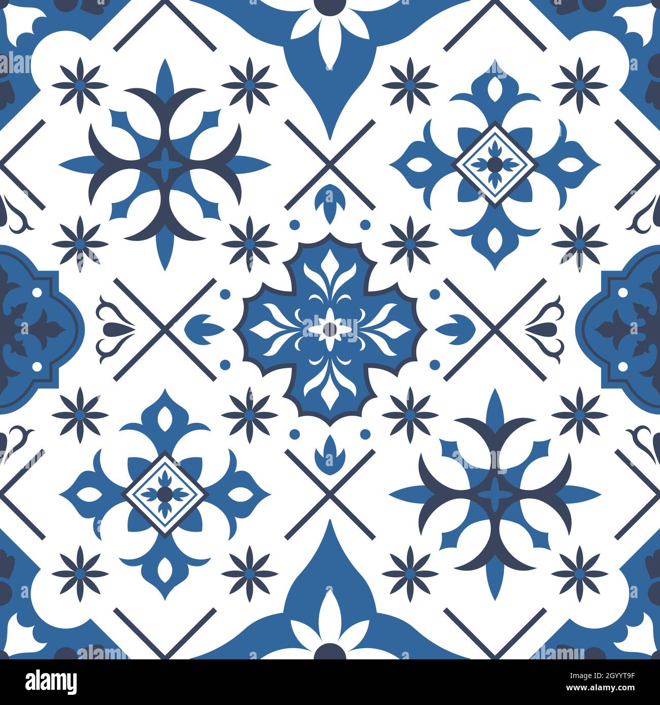 Traditionelles Azulejo, nahtloses Muster mit mediterranen keramikfliesen von talavera. Porzellan Keramik ethnischen Ornament Fliese Vektor Hintergrund Illustration Stock Vektor