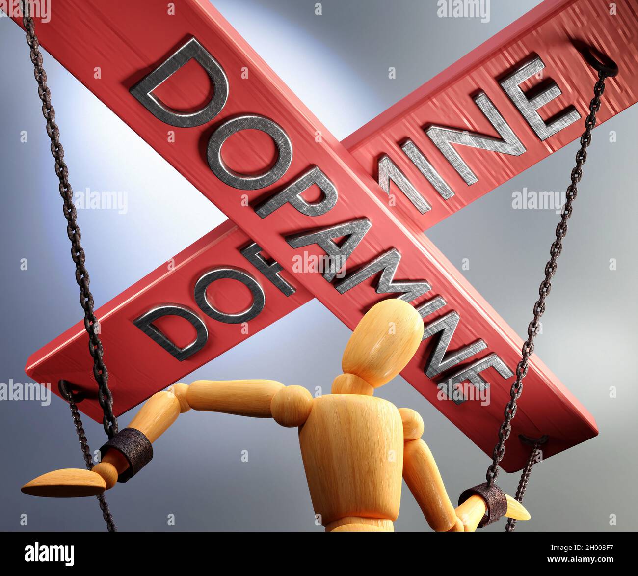 Dopamin-Kontrolle, Macht, Autorität und Manipulation symbolisiert durch  Steuerleiste mit dem Wort Dopamin, das die Saiten (Ketten) einer Holzpuppe  zieht, 3D i Stockfotografie - Alamy