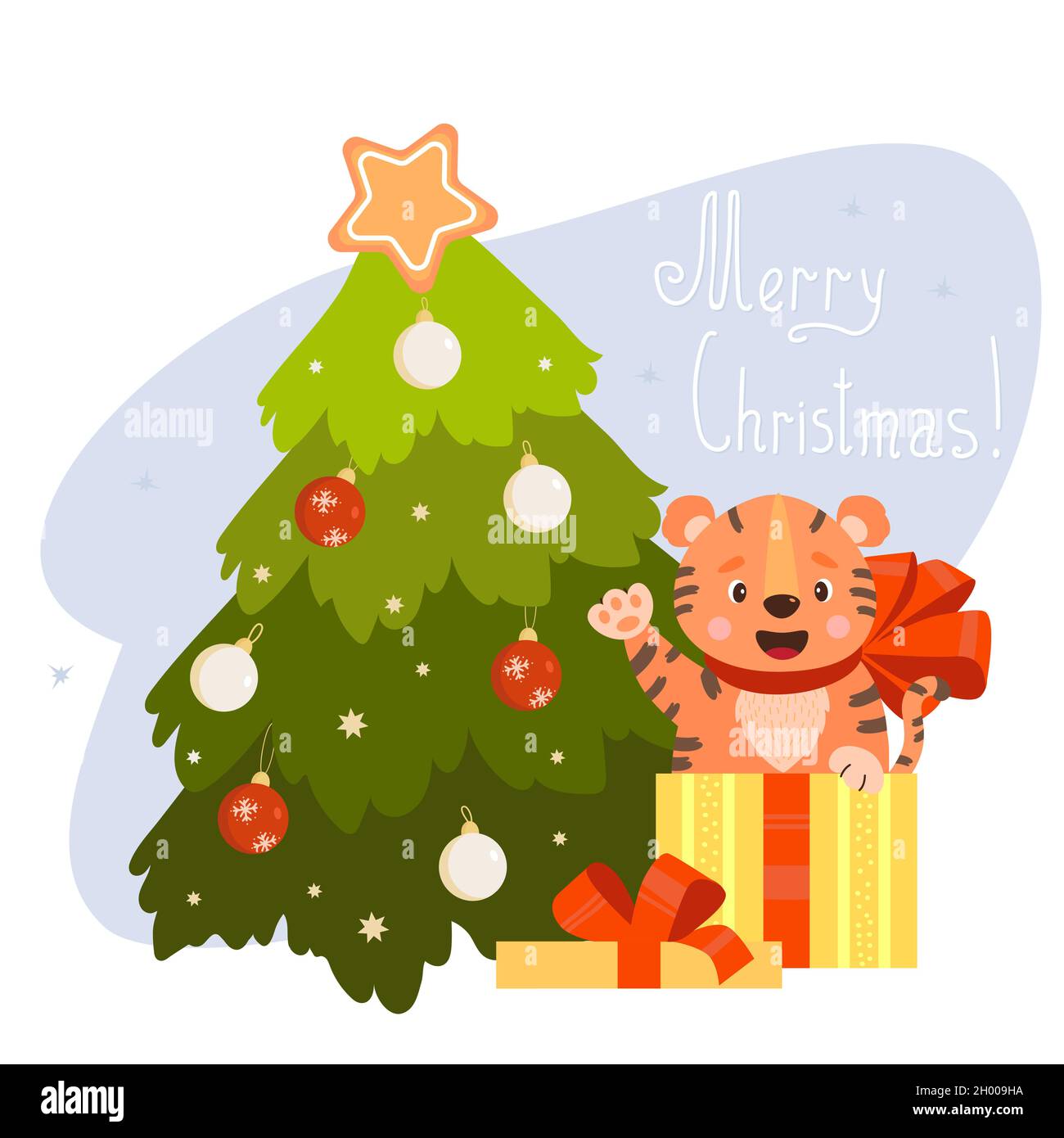 Weihnachtskarte. Niedlicher Tiger in Geschenkbox mit Schleife und Weihnachtsbaum mit Weihnachtskugeln. Vektorgrafik. Schönes Weihnachtstier für festliche d Stock Vektor