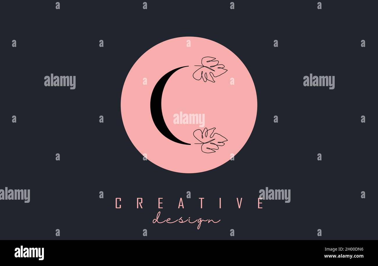 C-Letter-Logo-Design mit Monstera Blatt eine Linie Zeichnung auf einem rosa Kreis Hintergrund Vektor-Illustration. Minimalistisches Symbol. Stock Vektor