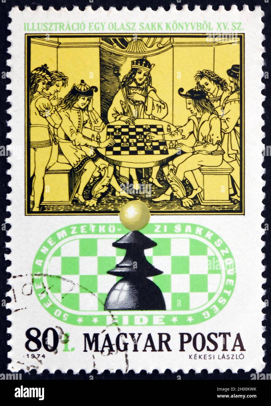 UNGARN - UM 1974: Eine in Ungarn gedruckte Briefmarke zeigt Royal Chess Party, Italienisches Schachbuch aus dem 15. Jahrhundert, um 1974 Stockfoto