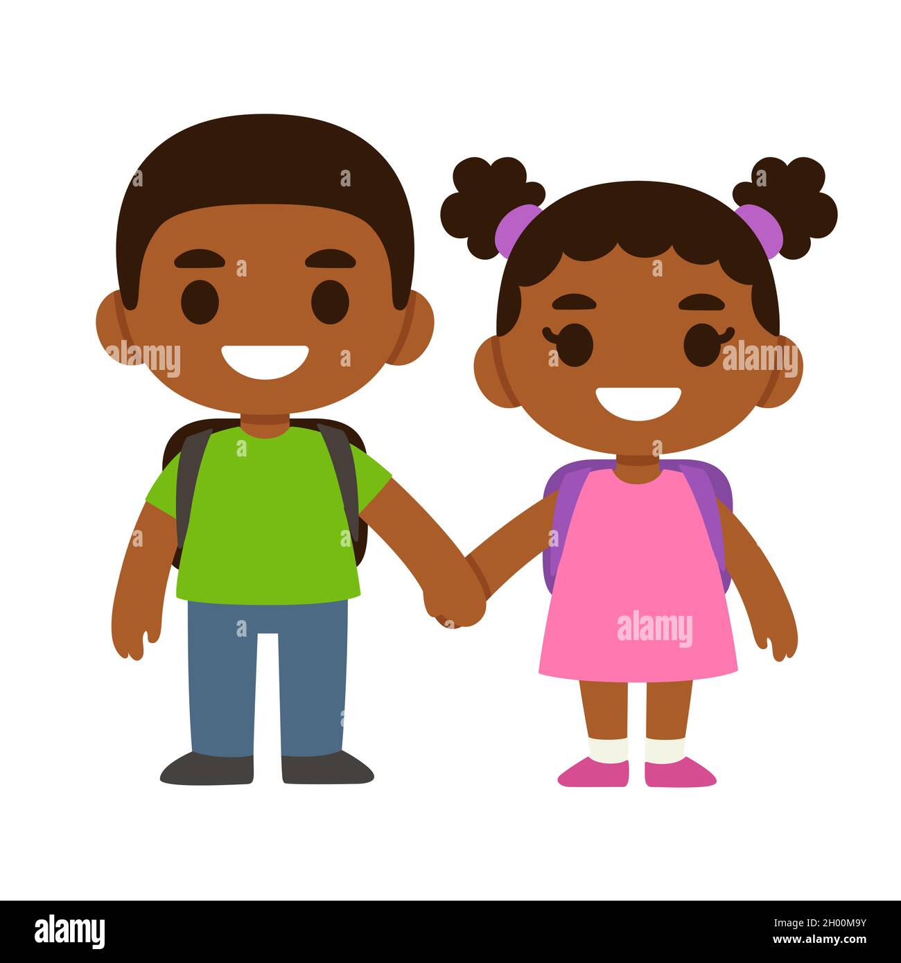 Zwei niedliche Cartoon Schwarze Kinder mit Schulrucksäcken lächeln und Hände halten. Älterer Junge und junges Mädchen. Einfache Vektordarstellung. Stock Vektor