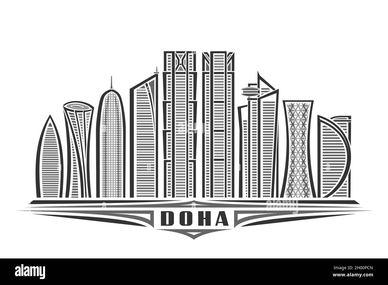 Vektor-Illustration von Doha, monochromes horizontales Poster mit linearem Design berühmte doha Stadtlandschaft, städtische Linie Kunstkonzept mit einzigartigen dekorativen let Stock Vektor