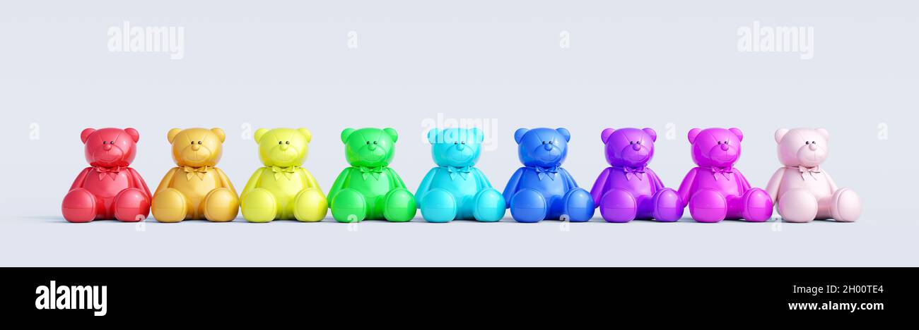 Bunte Teddybären in Reihe auf weißem Hintergrund 3d Rendern 3d-Illustration Stockfoto