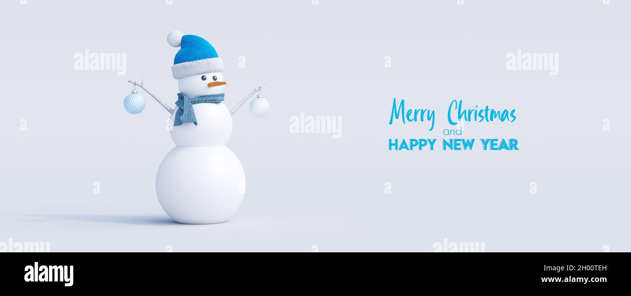 Schneemann niedlichen 3d-Charakter auf weißem Hintergrund. Frohe Weihnachten und ein glückliches neues Jahr Grußkarte 3d Rendering 3d Illustration Stockfoto