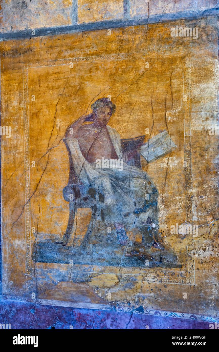 Fresko des Dichters Menander an einer Wand im Haus des Menander (Casa del Menadro) in der antiken Stadt Pompeji, Kampanien, Italien Stockfoto