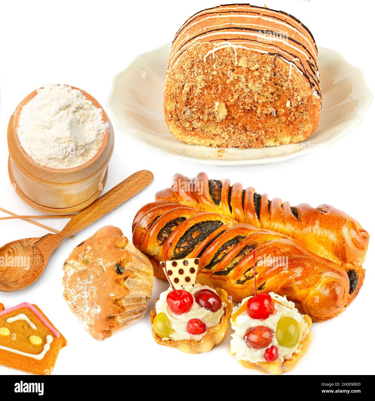 Süßwaren und süßes Gebäck auf weißem Hintergrund isoliert. Collage. Stockfoto
