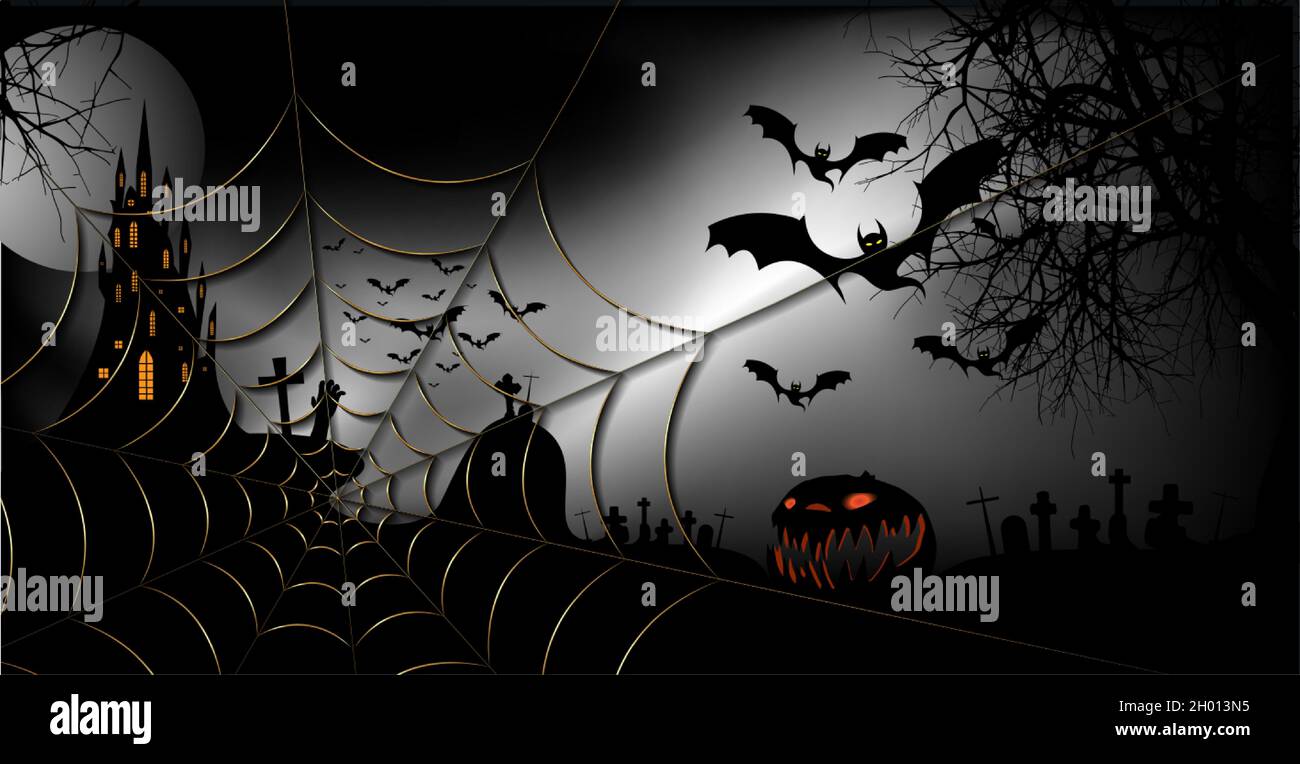 Halloween-Party-Banner, gruseliger dunkler Hintergrund, Silhouetten von Charakteren und gruselige Fledermäuse mit gotischem Spukschloss, Horror-Themenkonzept, Gold-Spinnennetz Stock Vektor