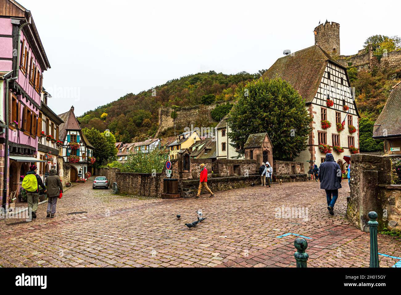 Blick auf die Straße mit Fachwerkhäusern in Kaysersberg, Frankreich Stockfoto