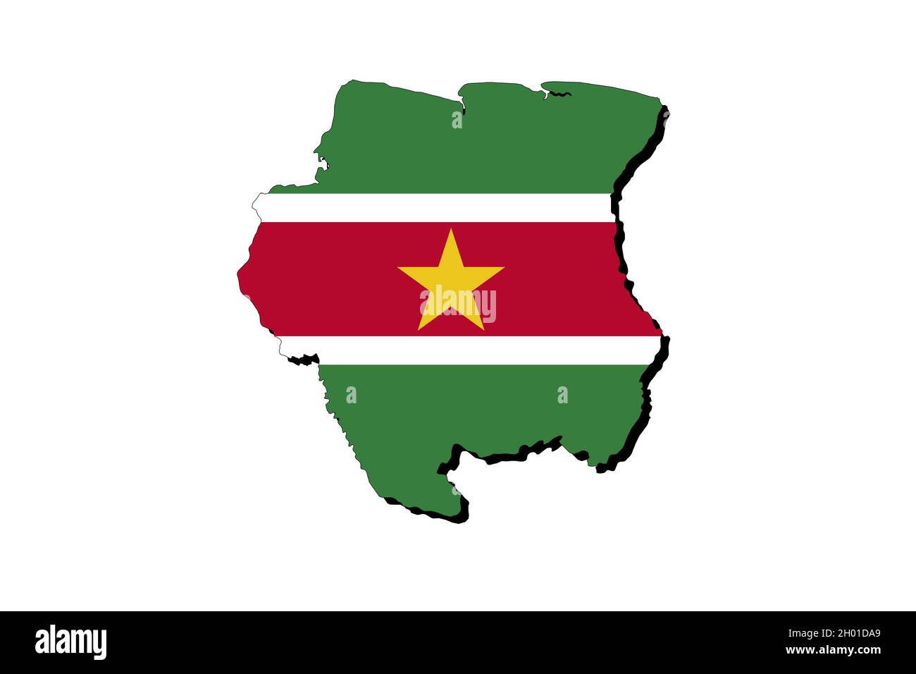 Übersichtskarte von Suriname mit überlagerter Nationalflagge. 3D-Grafiken, die einen Schatten auf den weißen Hintergrund werfen Stockfoto