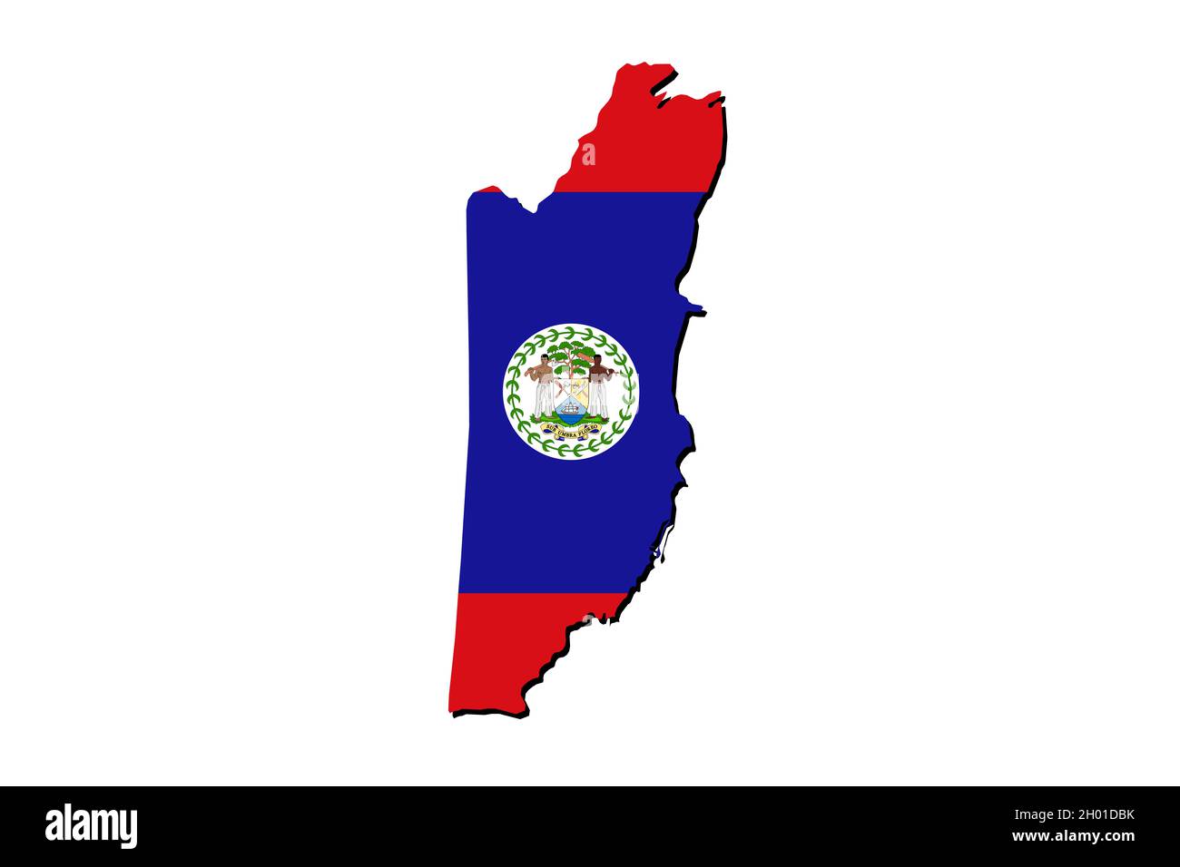 Übersichtskarte von Belize mit überlagerter Nationalflagge. 3D-Grafiken, die einen Schatten auf den weißen Hintergrund werfen Stockfoto