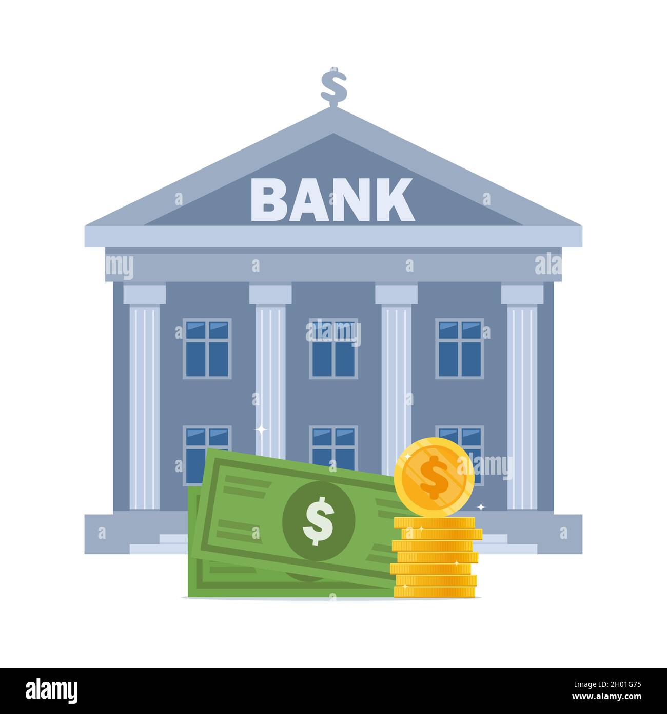 Bankgebäude und Geld, Bankfinanzierung, Geldwechsel, Finanzdienstleistungen, Geldautomat, Geld ausgeben. Vektorgrafik flach Stock Vektor