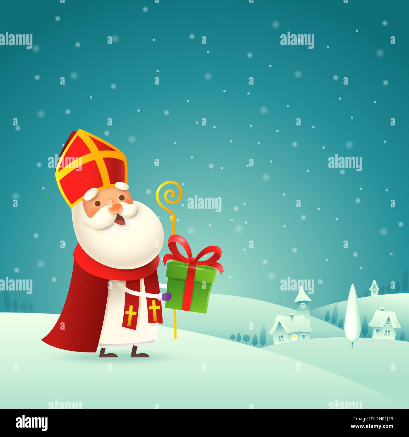 Süßer Nikolaus - Sinterklaas mit Geschenk kommt in die Stadt - Winternachtlandschaft Stock Vektor