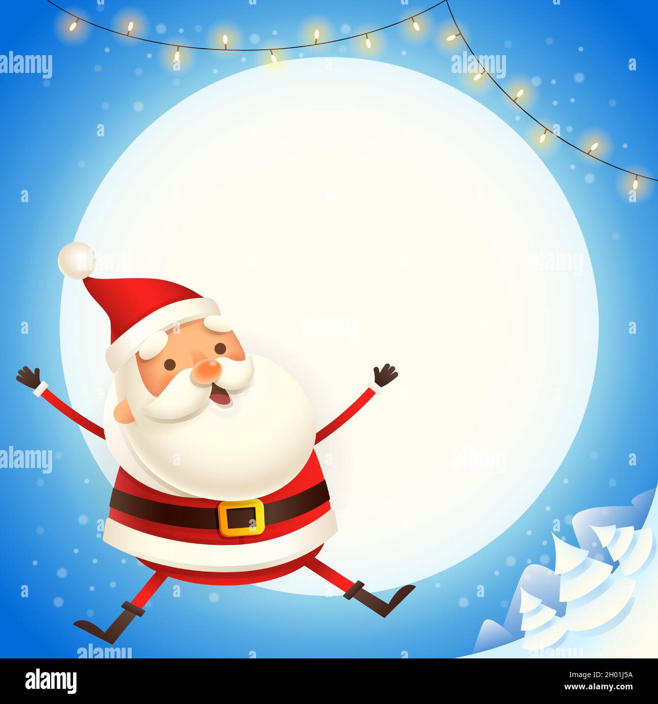 Niedlicher Weihnachtsmann-Sprung - fröhlicher Ausdruck - Mondscheinszene im Winter Stock Vektor