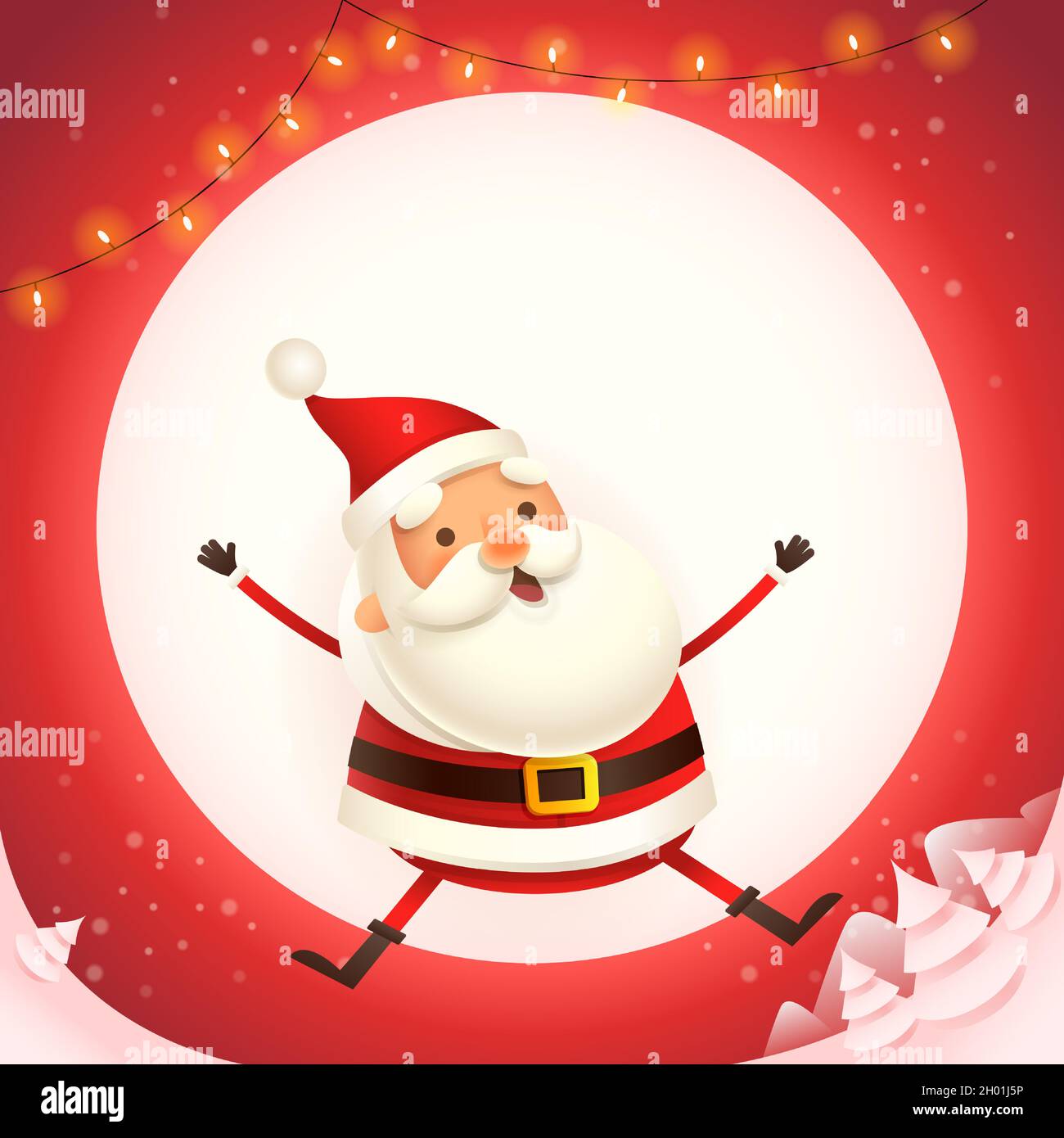 Niedlicher Weihnachtsmann-Sprung - fröhlicher Ausdruck - Mondscheinszene im Winter Stock Vektor