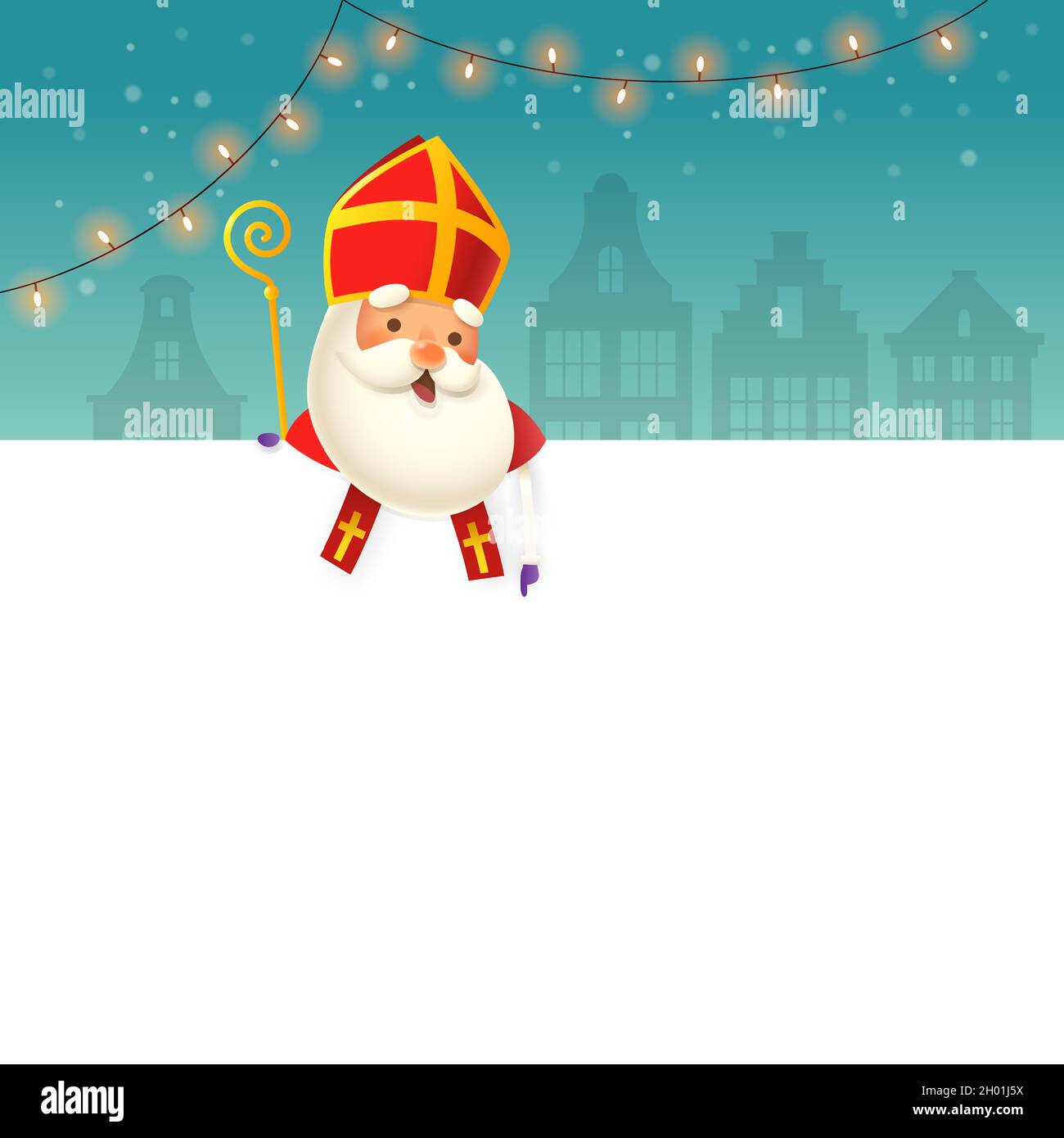 Niedlicher Nikolaus - Sinterklaas an Bord präsentiert etwas - Winternachtlandschaft Stock Vektor