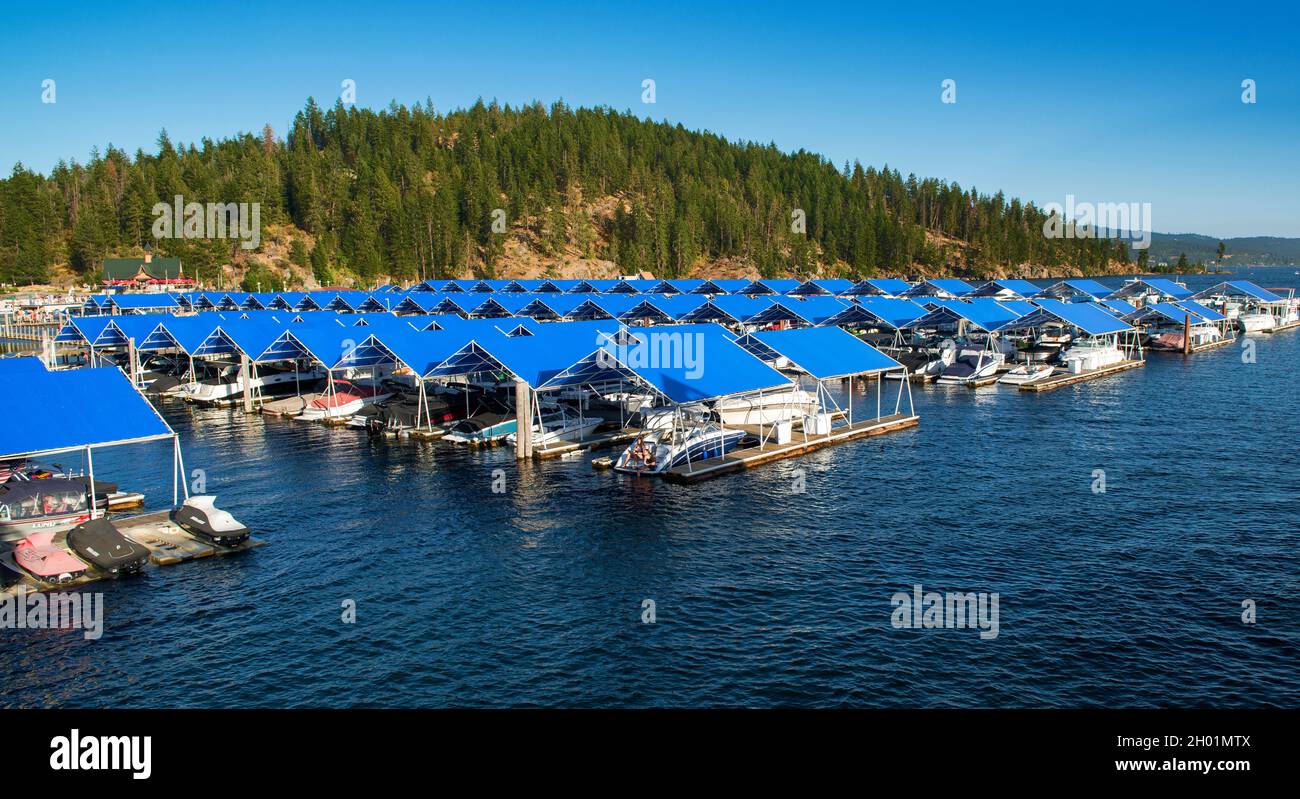 Blaue Abdeckungen Boardwalk Marina, Piers, Boote, Reflexion, Coeur d'Alene Lake, Idaho Stockfoto