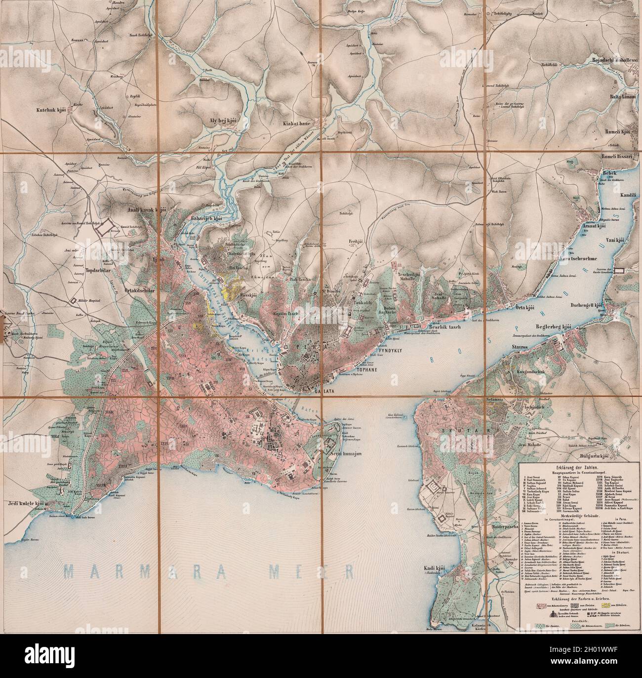 Karte von Konstantinopel, Pera, Skutari, Goldenes Horn, südlicher Bosporus, Aus der allgemeinen Landkarte der europäischen Türkei und Griechenlands, um 1870 Stockfoto