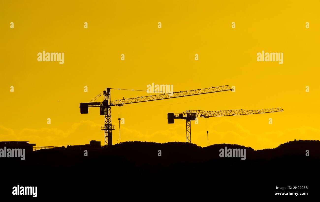 Bauindustrie und Entwicklung. Kran bei der Arbeit gegen goldenen Sonnenuntergang Himmel Stockfoto
