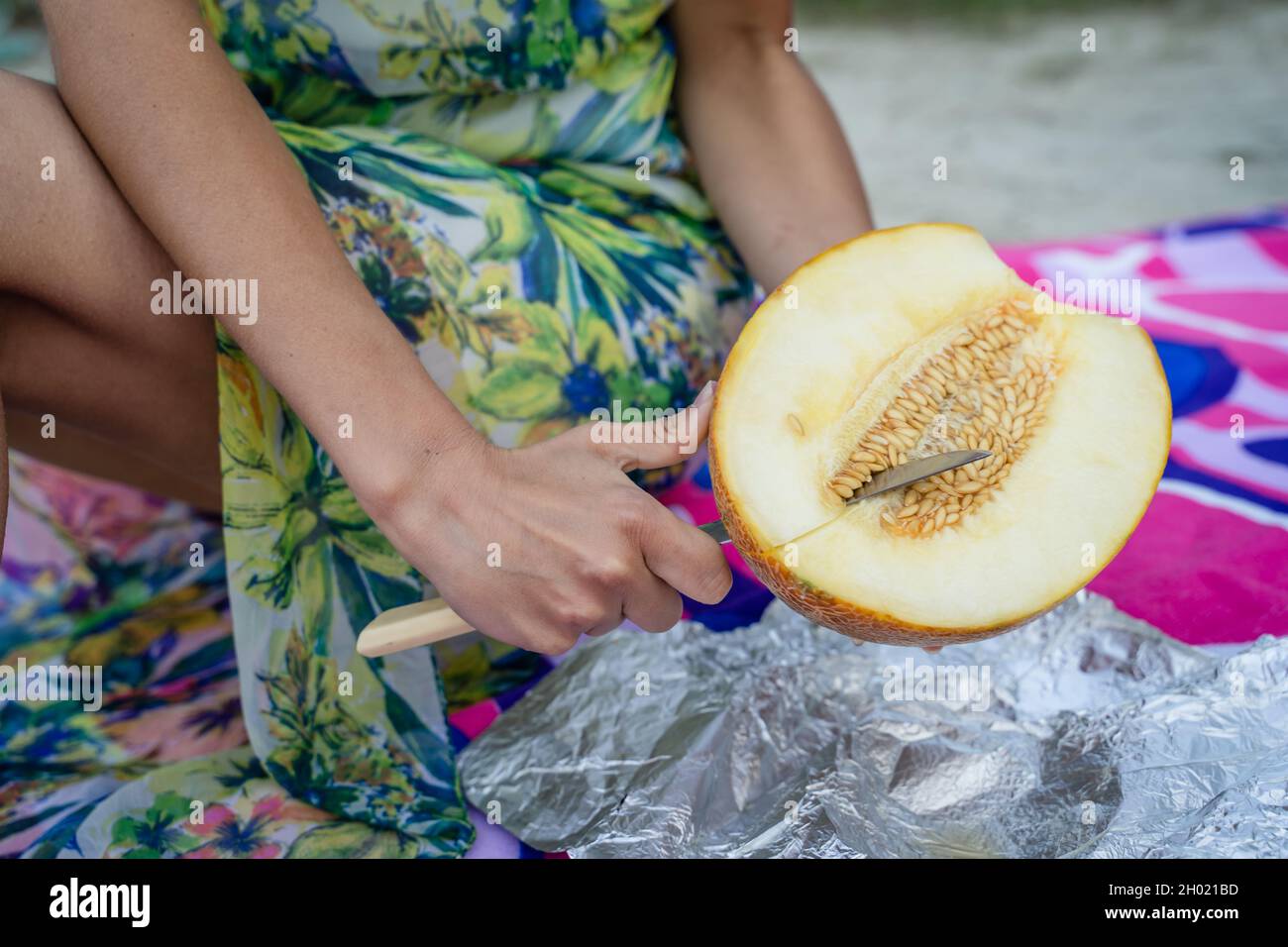 Nahaufnahme der Hände einer unbekannten kaukasischen Frau, die am Sommertag mit einem Messer auf dem Feld Melone schneidet, bereiten Sie frische Bio-Rohkost beim Picknick vor Stockfoto