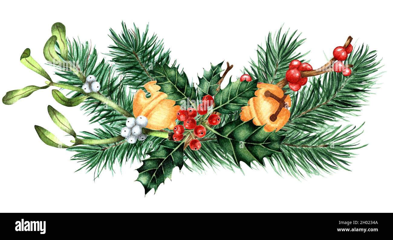 Weihnachten, Neujahrsstrauß mit Tannenzweigen, Glocken, Holly, Ilex, Mistelzweig. Festliche Aquarell-Illustration mit Kiefernzweigen und Beeren Stockfotografie