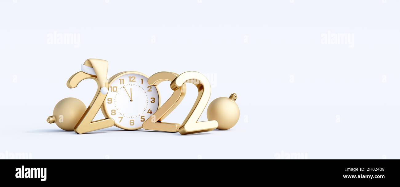 Frohe Weihnachten und ein glückliches neues Jahr 2022. Goldene Uhr mit Zahlen und weißem Hintergrund mit Kopierraum 3d Rendering 3d-Illustration Stockfoto