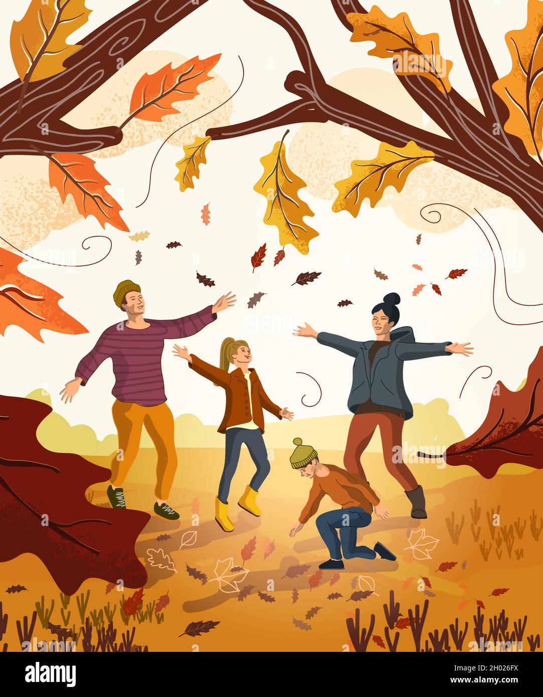 Eine Familie, die sich im Herbst im Park amüsieren und Blätter von den Bäumen in die Luft werfen kann. Vektorilustration. Stock Vektor