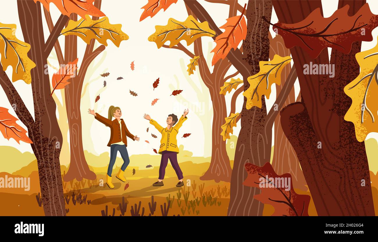 Fröhliche Kinder haben Spaß und werfen Blätter in die Luft in einem Park voller Bäume. Herbst Herbst Menschen Illustration. Stock Vektor