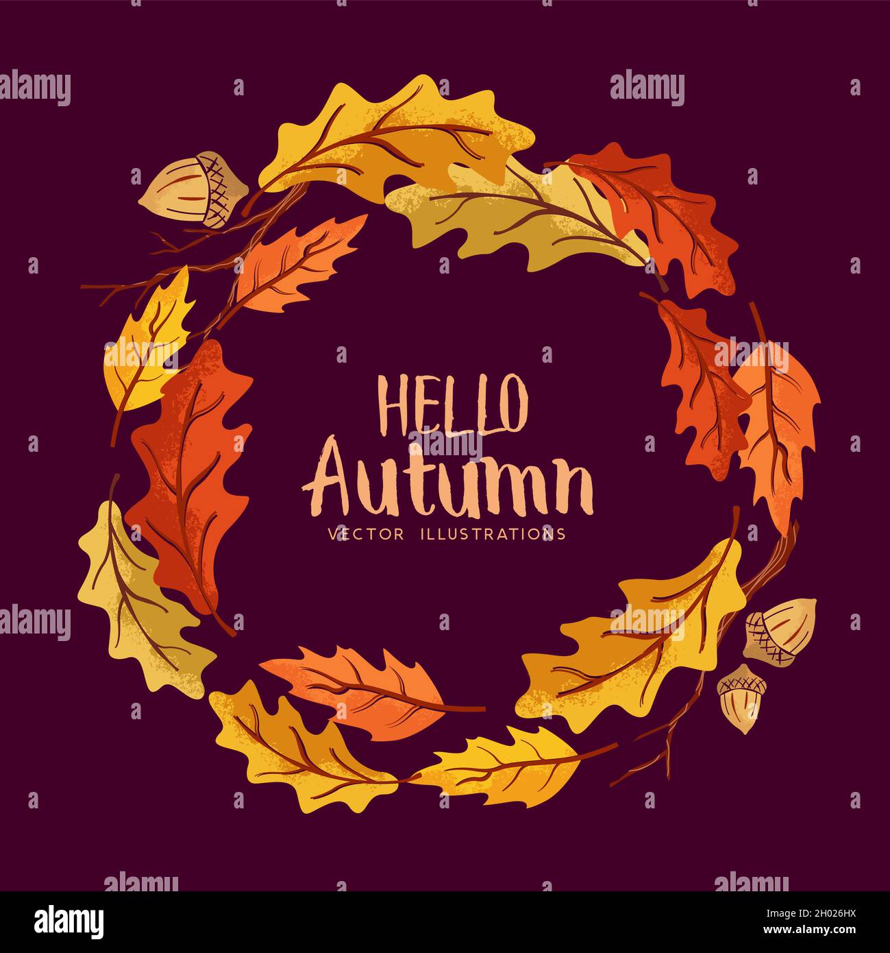 Fröhlicher Herbstkranz aus goldfarbenen und rot gefärbten Blättern. Vektorgrafik. Stock Vektor