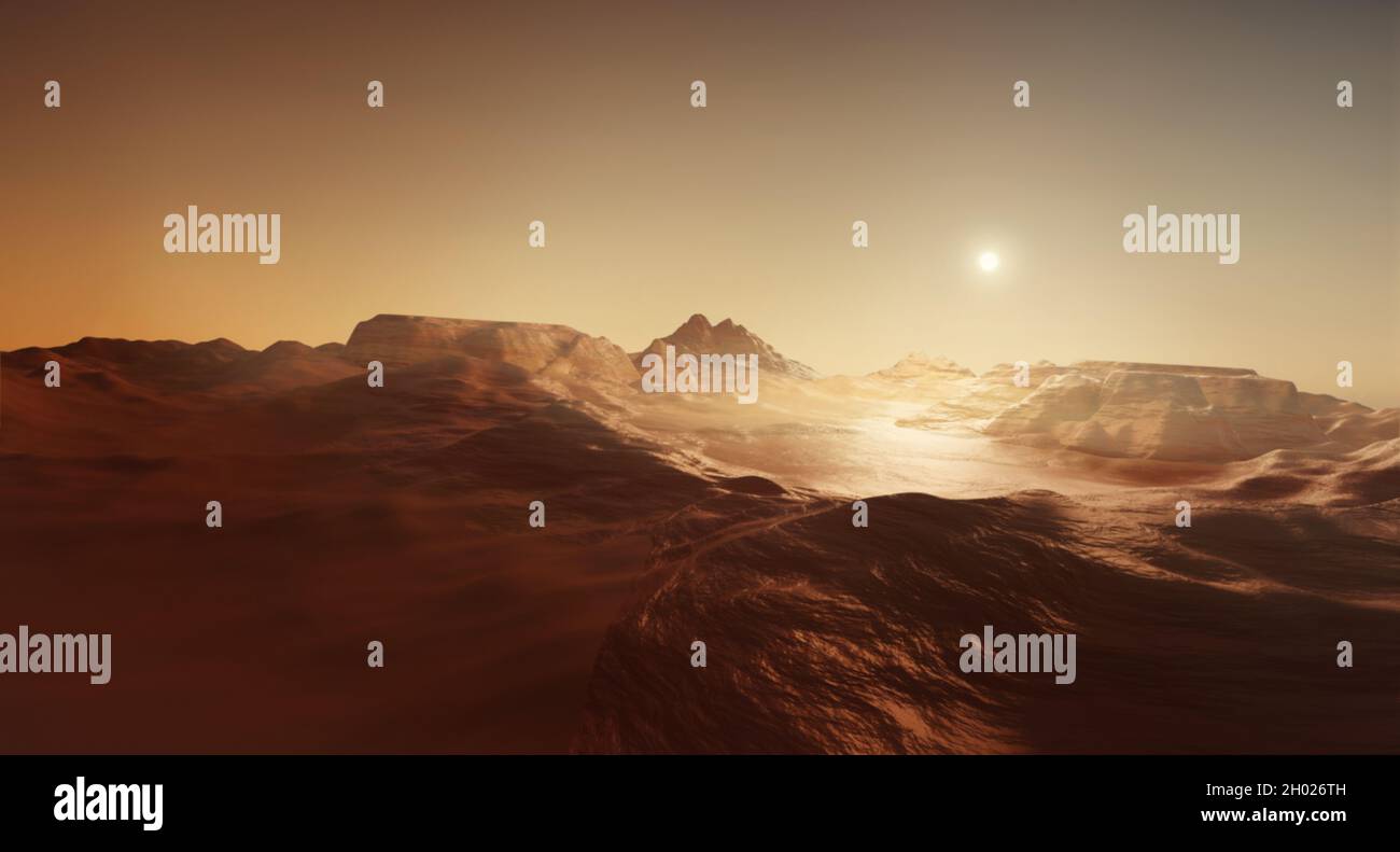 Eine epische Landschaftsansicht der marianischen Landschaft. 3D-Illustration zur Mars-Exploration. Stockfoto