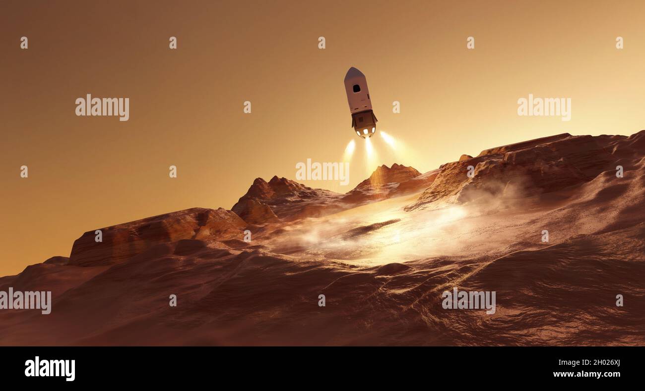 Eine Rakete, die mit Astronauten auf der Oberfläche des mars landet. Futuristische Mission zum Mars. 3D-Illustration Stockfoto