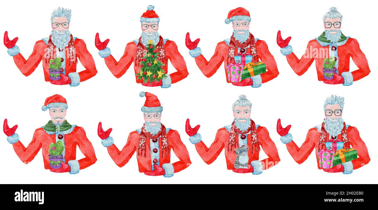 Set mit hübschen alten Mann trägt Weihnachtsmann Kostüm, Bart und stilvolle Haare halten Geschenke und Nadelbaum. Cooler Gentleman-Hipster zum neuen Jahr. Aquarell Stockfoto