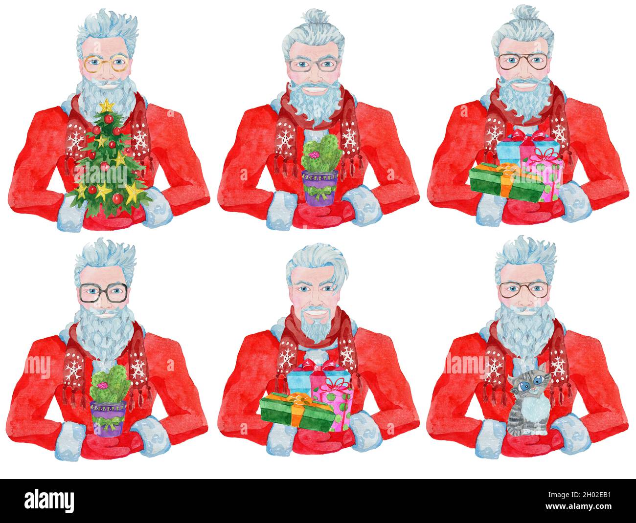 Set mit positiv attraktiven Mann trägt Weihnachtsmann Kostüm, Bart und stilvolle Haare halten Geschenke und Nadelbaum. Cooler Gentleman-Hipster zum neuen Jahr. Wat Stockfoto