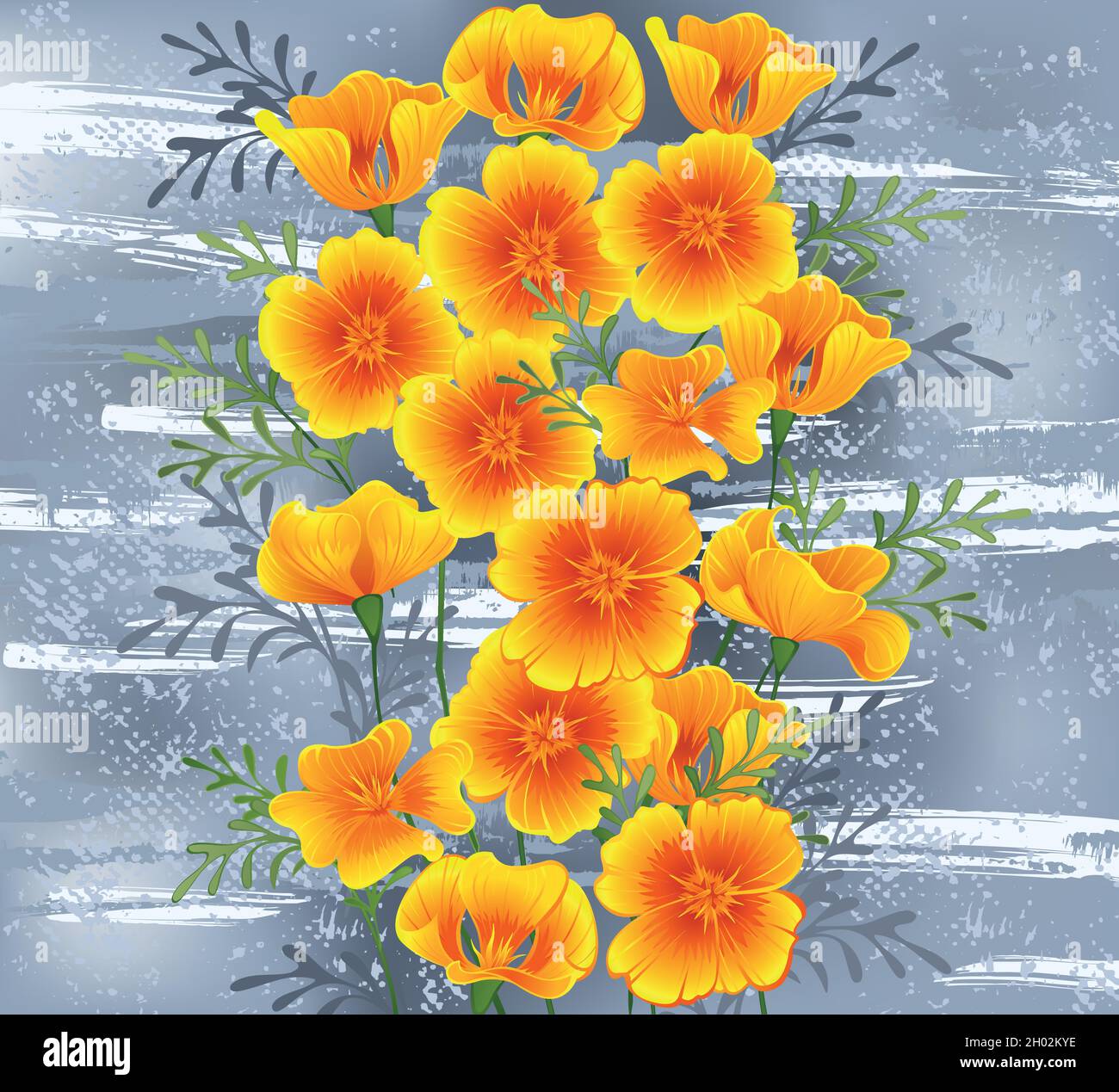 Blumen in Orange, kalifornischer Mohn auf grauem, strukturiertem Hintergrund, übermalt mit Streifen weißer Farbe. Stock Vektor