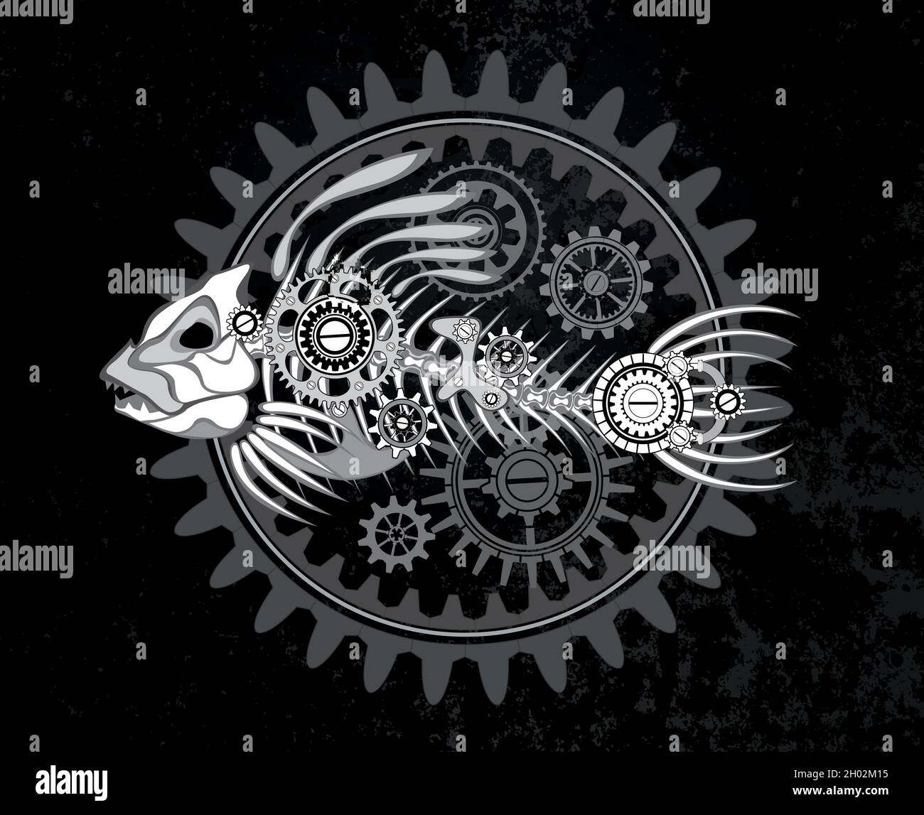 Kontur, weißes, mechanisches Skelett von Fischen mit Mechanismus von Silhouettenzahnrädern auf dunklem Grunge-Hintergrund. Steampunk-Style. Stock Vektor