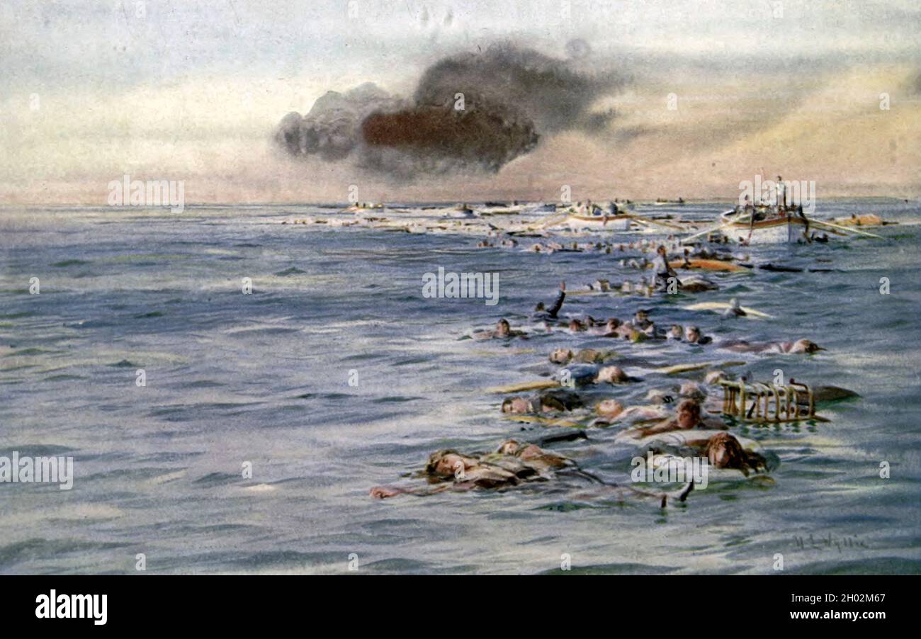 Die Spur der Lusitania - nach dem Untergang der Lusitania durch ein deutsches U-Boot, 7. Mai 1915, mit Leichen und Trümmern im Wasser Stockfoto