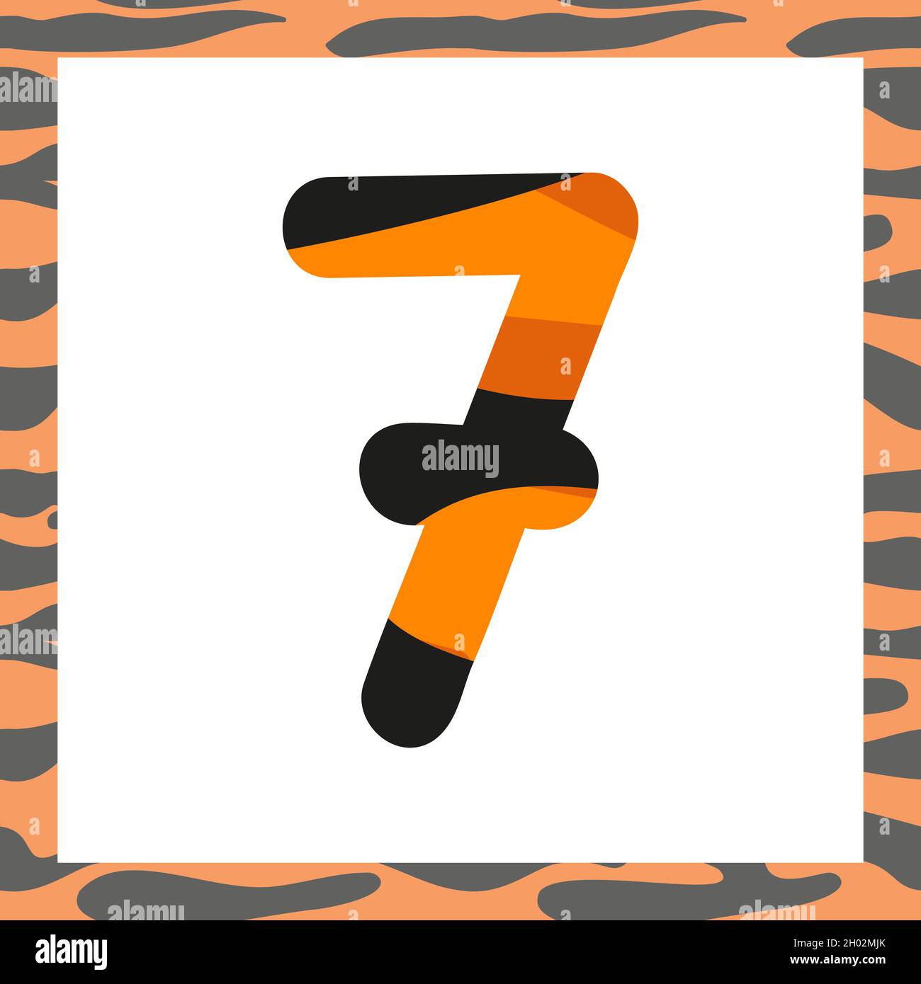 Nummer sieben mit Tiger-Muster. Festliche Schrift und Rahmen aus Orange mit schwarzen Streifen, Symbol für Neujahr und Weihnachten Stock Vektor