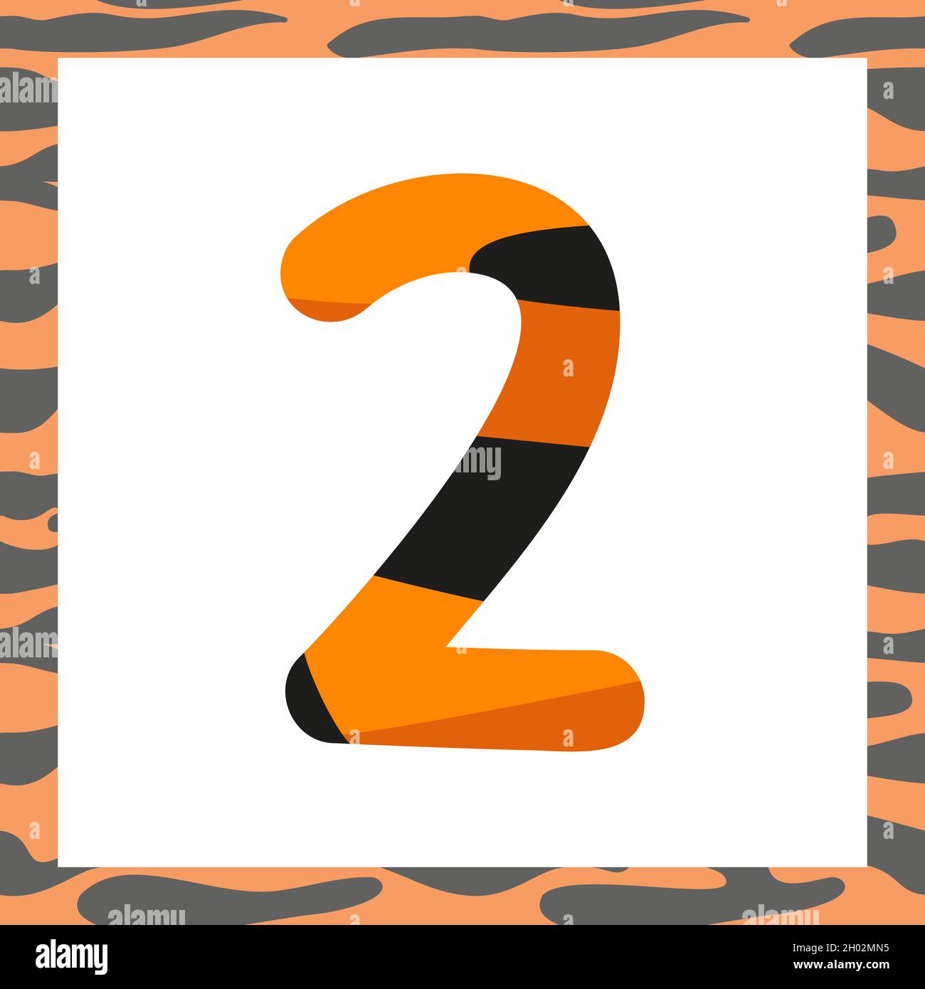 Nummer zwei mit Tiger-Muster. Festliche Schrift und Rahmen aus Orange mit schwarzen Streifen, Symbol für Neujahr und Weihnachten Stock Vektor