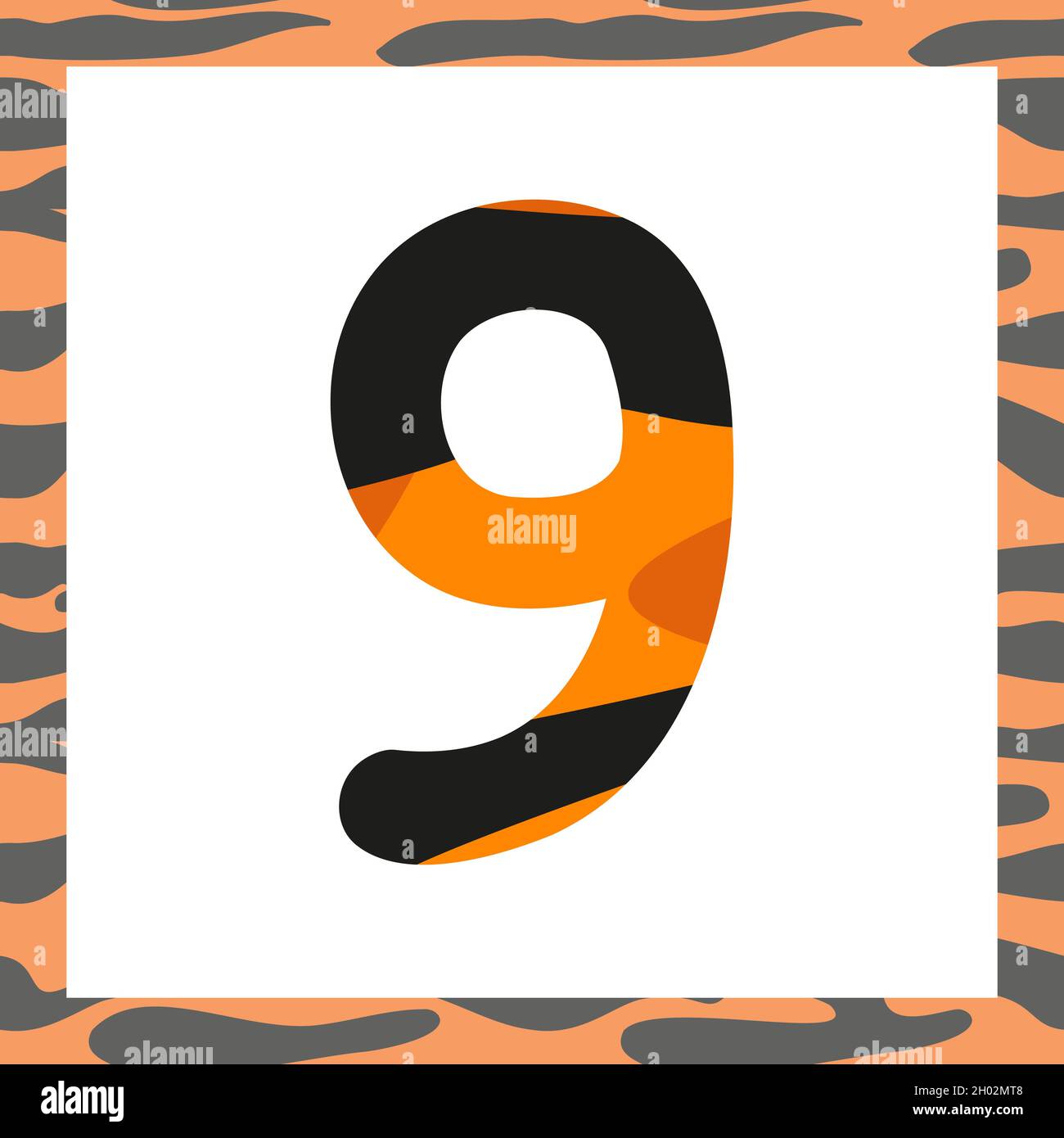 Nummer neun mit Tiger-Muster. Festliche Schrift und Rahmen aus Orange mit schwarzen Streifen, Symbol für Neujahr und Weihnachten Stock Vektor